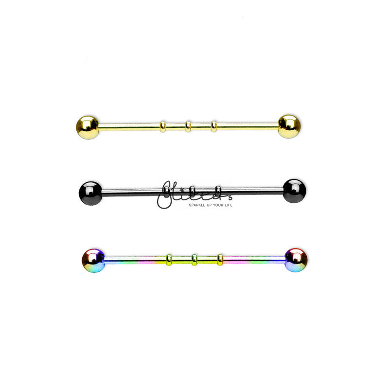 Triple Notched Titanium Ion Plated over Surgical Steel Balls Industrial Barbells-Black | Gold | Rainbow-Body Piercing Jewellery, Industrial Barbell-IB0002-3DOTS-1-Glitters