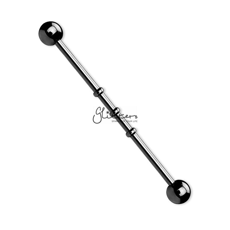Triple Notched Titanium Ion Plated over Surgical Steel Balls Industrial Barbells-Black | Gold | Rainbow-Body Piercing Jewellery, Industrial Barbell-IB0002-3DOTS-2-Glitters