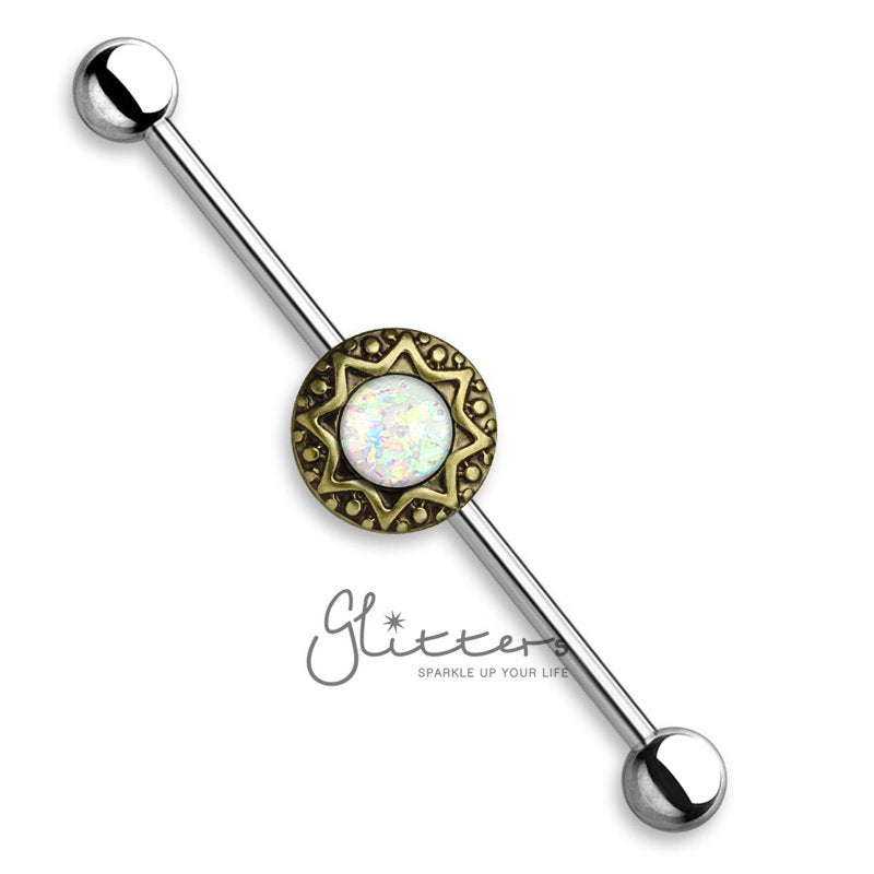 Opal Glitter Centered Round Tribal Starburst Industrial Barbells-Body Piercing Jewellery, Industrial Barbell-IB0003-1-Glitters