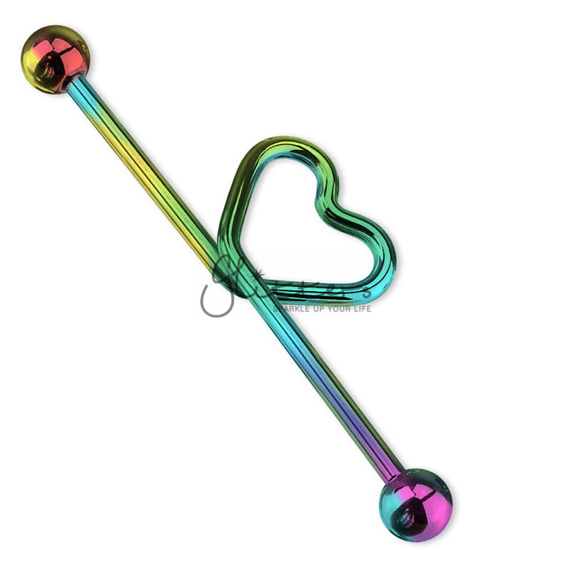 Rainbow Titanium I.P over Surgical Steel Heart shape in the middle Industrial Barbell-Body Piercing Jewellery, Industrial Barbell-IB0003-1_d75fc300-0e9e-4a7a-a1e5-34774013da08-Glitters