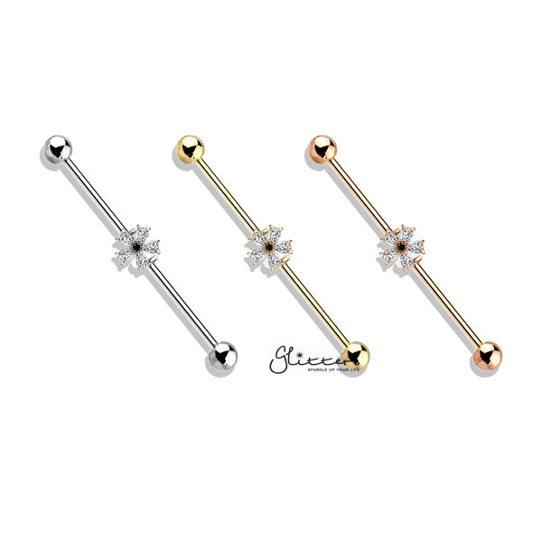 316L Surgical Steel Industrial Barbells with Black CZ Centered Five Pear CZ Flower-Body Piercing Jewellery, Cubic Zirconia, Industrial Barbell-IB0003-BI74-01-Glitters