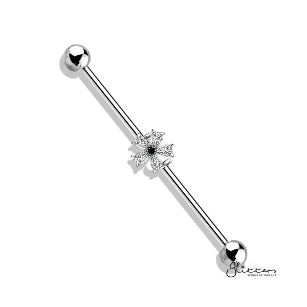 316L Surgical Steel Industrial Barbells with Black CZ Centered Five Pear CZ Flower-Body Piercing Jewellery, Cubic Zirconia, Industrial Barbell-IB0003-BI74-C-Glitters