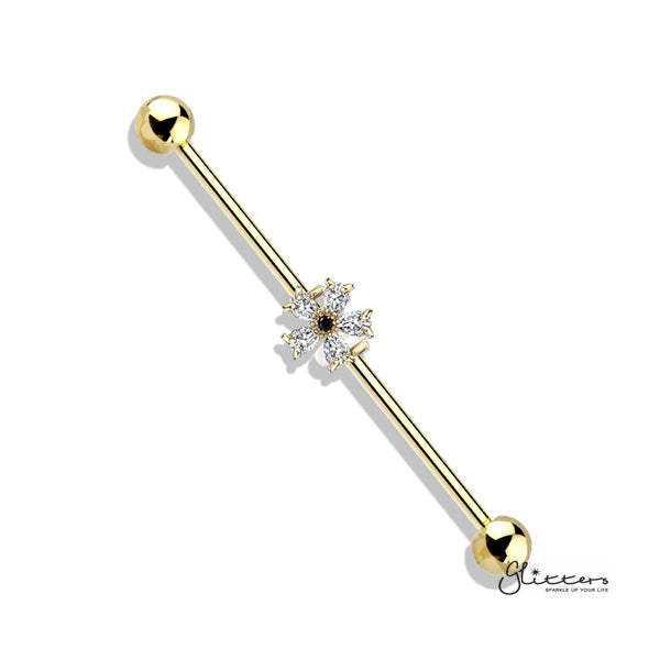 316L Surgical Steel Industrial Barbells with Black CZ Centered Five Pear CZ Flower-Body Piercing Jewellery, Cubic Zirconia, Industrial Barbell-IB0003-BI74-G-Glitters