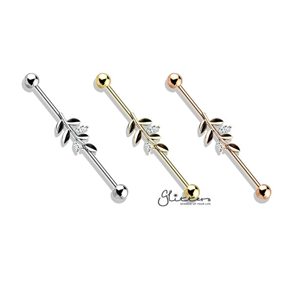 316L Surgical Steel Industrial Barbells with CZ Set Leaf-Body Piercing Jewellery, Cubic Zirconia, Industrial Barbell-IB0003-BI78-01-Glitters