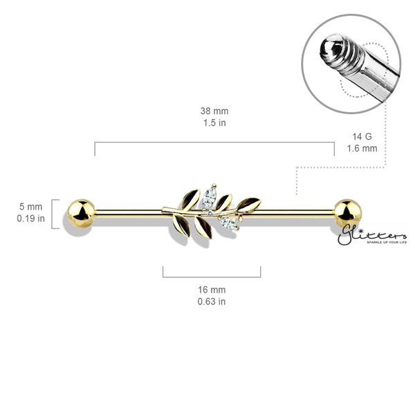 316L Surgical Steel Industrial Barbells with CZ Set Leaf-Body Piercing Jewellery, Cubic Zirconia, Industrial Barbell-IB0003-BI78-02-Glitters