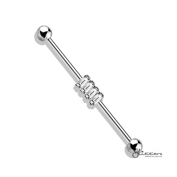 316L Surgical Steel Industrial Barbells with 4 Square CZ Set-Body Piercing Jewellery, Cubic Zirconia, Industrial Barbell-IB0003-BI79-C-Glitters
