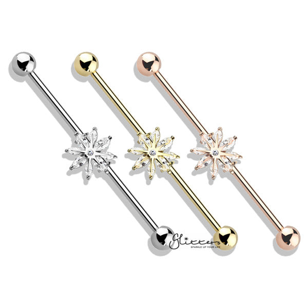 316L Surgical Steel Industrial Barbells with Marquise CZ Snowflake-Body Piercing Jewellery, Cubic Zirconia, Industrial Barbell-IB0003-BI83-01-Glitters