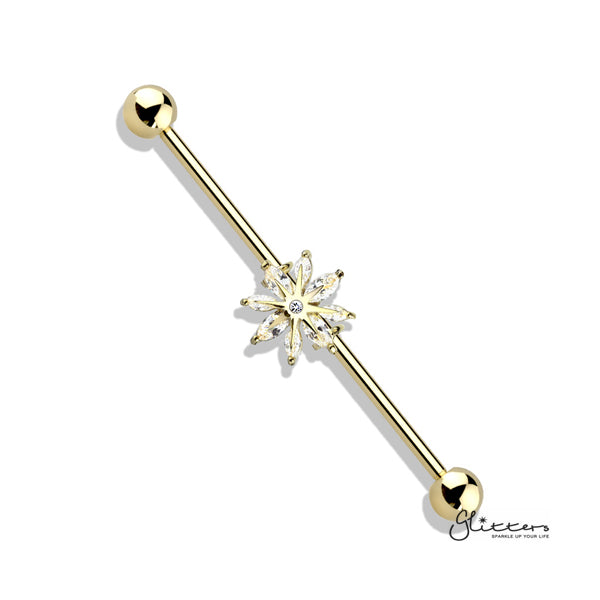 316L Surgical Steel Industrial Barbells with Marquise CZ Snowflake-Body Piercing Jewellery, Cubic Zirconia, Industrial Barbell-IB0003-BI83-G-Glitters