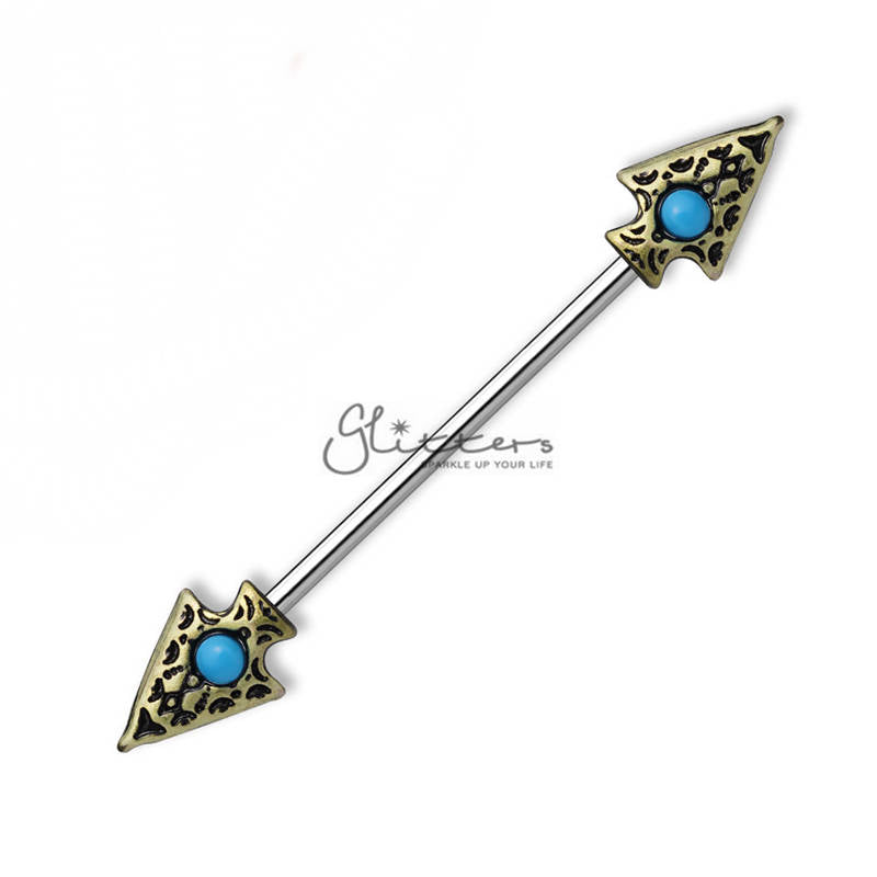 14GA 316L Surgical Steel Turquoise set Tribal Spear on Both sides Industrial Barbells-Body Piercing Jewellery, Industrial Barbell-IB0003_-_Turquoise_set_Tribal-Glitters