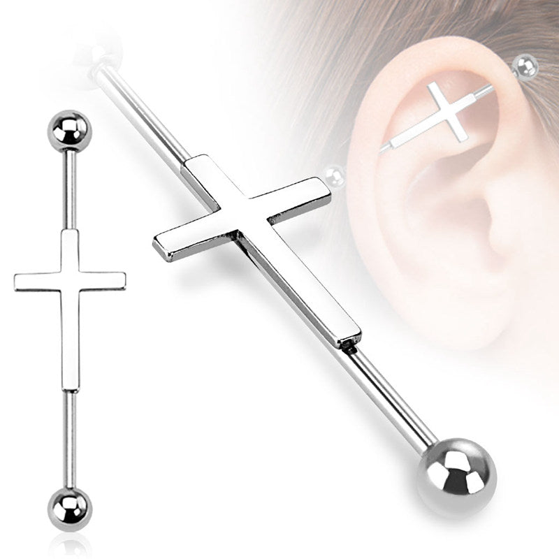 14GA 316L Surgical Steel Cross Industrial Barbells-Body Piercing Jewellery, Industrial Barbell-IB0004-S-Glitters