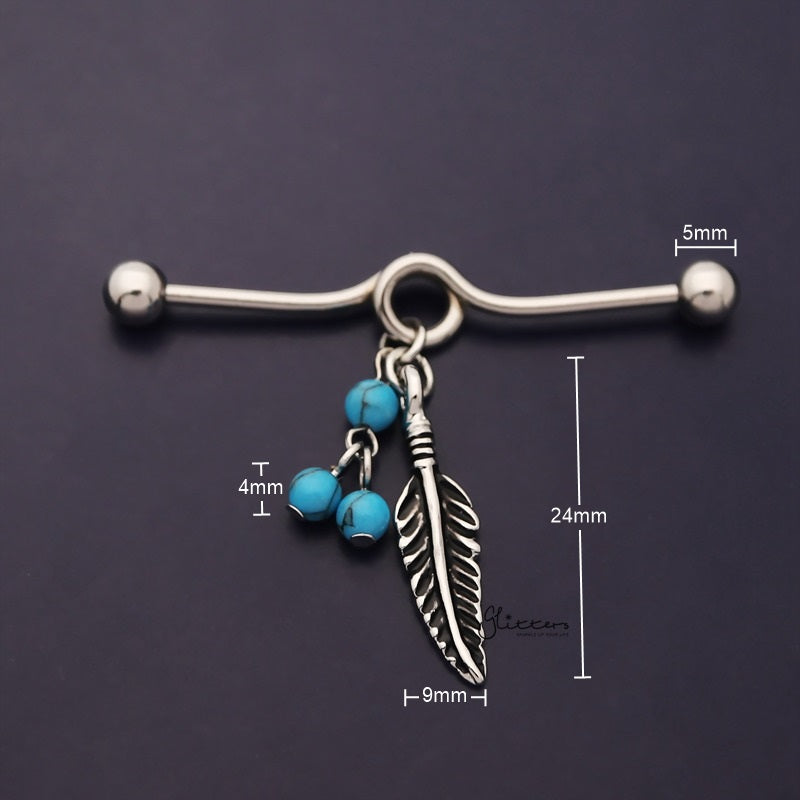 Turquoise Beads and Tribal Feather Dangle Industrial Barbell-Body Piercing Jewellery, Industrial Barbell-IB0035-2_800_New-Glitters