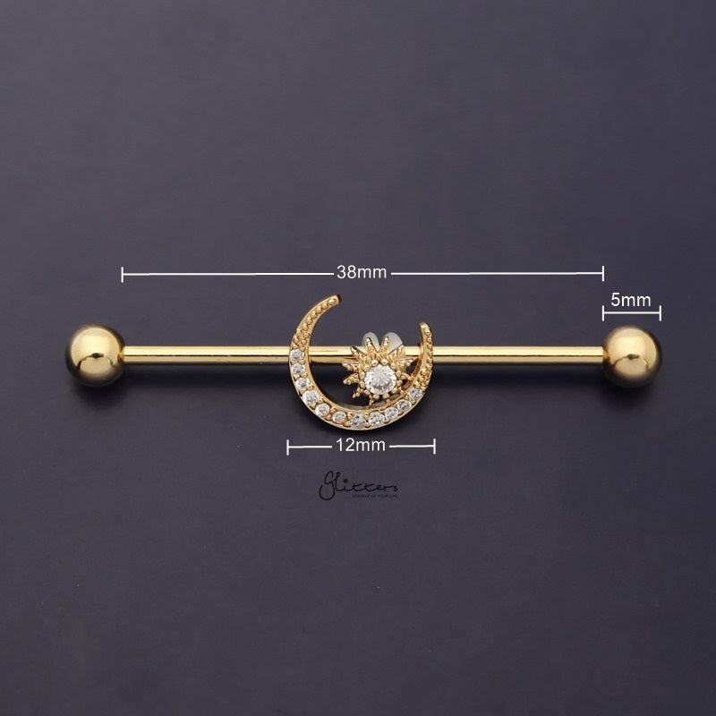C.Z Paved Moon and Star Industrial Barbell - Gold-Body Piercing Jewellery, Cubic Zirconia, Industrial Barbell-IB0036-G-2_800_New-Glitters