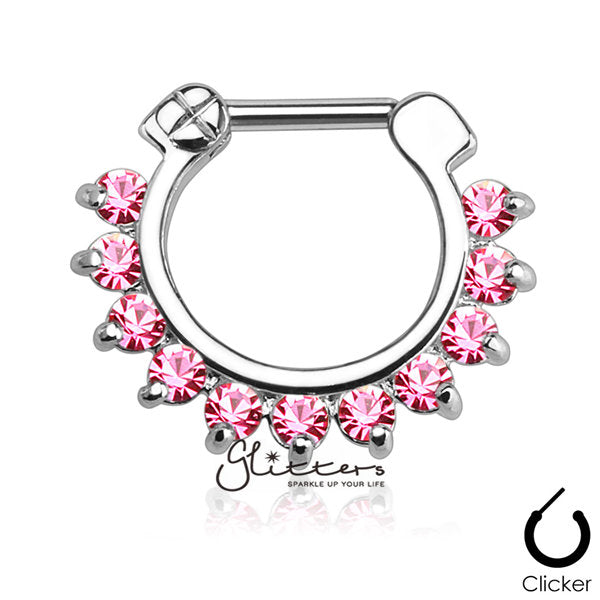 316L Surgical Steel Single Line Pronged Gems Septum Clicker-Pink-Body Piercing Jewellery, Cubic Zirconia, Nose, Septum Ring-MS08-P-2-Glitters