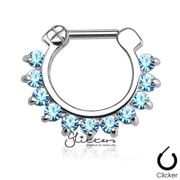 316L Surgical Steel Single Line Pronged Gems Septum Clicker-Aqua-Body Piercing Jewellery, Cubic Zirconia, Nose, Septum Ring-MS08-Q-3-Glitters