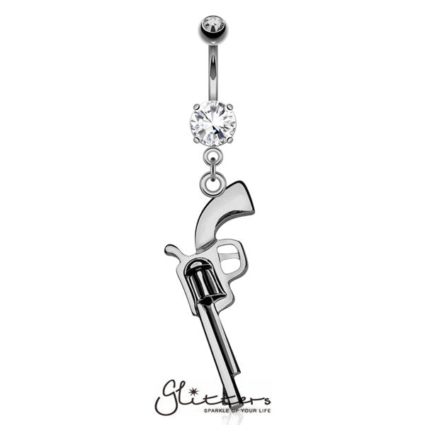 Gun Dangle Cubic Zirconia Prong Set Surgical Steel Navel Ring-Hematite-Belly Ring, Body Piercing Jewellery, Cubic Zirconia-N15690-HMC-3-Glitters