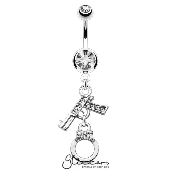 Gun and Handcuff Dangle Surgical Steel Belly Ring-Clear Crystal-Belly Ring, Body Piercing Jewellery, Cubic Zirconia-NAL15384-C-1-Glitters