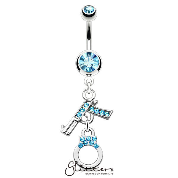 Gun and Handcuff Dangle Surgical Steel Belly Ring-Aqua Crystal-Belly Ring, Body Piercing Jewellery, Cubic Zirconia-NAL15384-Q-3-Glitters