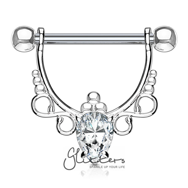 Pear CZ with Infinite Filigree Dangle 316L Surgical Steel Nipple Rings-Body Piercing Jewellery, Cubic Zirconia, Nipple Barbell-NB0008-2-Glitters