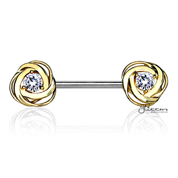 316L Surgical Steel Nipple Barbell Rings with CZ Centered Rose Blossom - Gold-Body Piercing Jewellery, Cubic Zirconia, Nipple Barbell-NB0016_G-Glitters