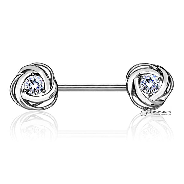 316L Surgical Steel Nipple Barbell Rings with CZ Centered Rose Blossom - Silver-Body Piercing Jewellery, Cubic Zirconia, Nipple Barbell-NB0016_S-Glitters