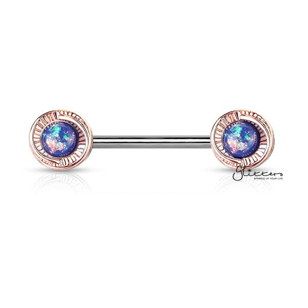 Rose Gold Plated Round Flower with Opal Glitter Centered Barbell Nipple Rings - Blue-Body Piercing Jewellery, Cubic Zirconia, Nipple Barbell-NB0017_Blue-Glitters