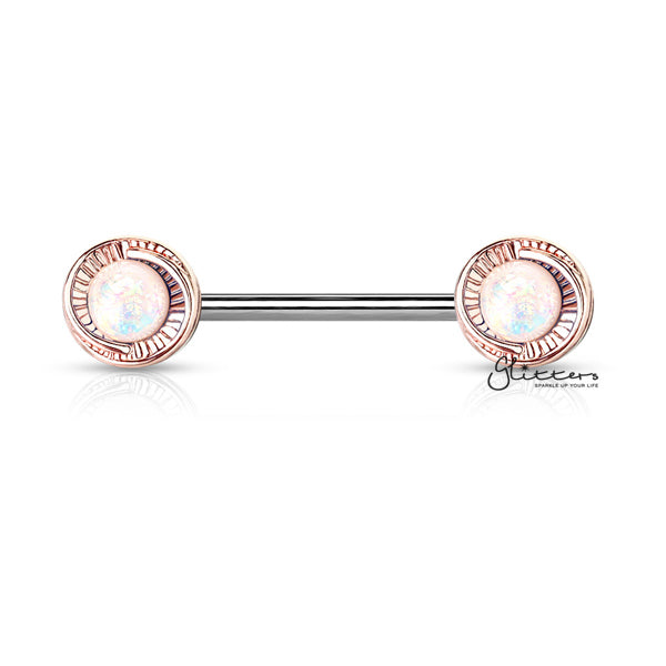 Rose Gold Plated Round Flower with Opal Glitter Centered Barbell Nipple Rings - White-Body Piercing Jewellery, Cubic Zirconia, Nipple Barbell-NB0017_White-Glitters