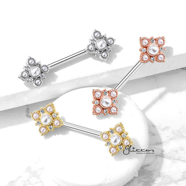 Pearl and Crystal Paved Gold Plated Vintage Square Flower Nipple Barbells-Body Piercing Jewellery, Crystal, Cubic Zirconia, Nipple Barbell-NB0018-01-Glitters