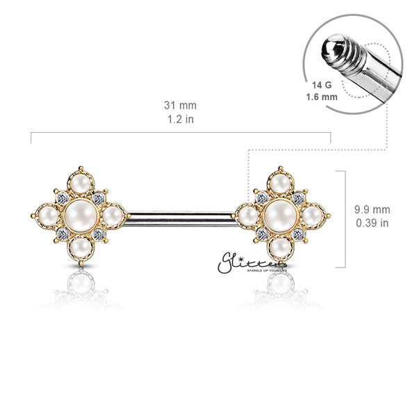 Pearl and Crystal Paved Gold Plated Vintage Square Flower Nipple Barbells-Body Piercing Jewellery, Crystal, Cubic Zirconia, Nipple Barbell-NB0018-02-Glitters