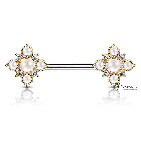 Pearl and Crystal Paved Gold Plated Vintage Square Flower Nipple Barbells-Body Piercing Jewellery, Crystal, Cubic Zirconia, Nipple Barbell-NB0018-GD-Glitters