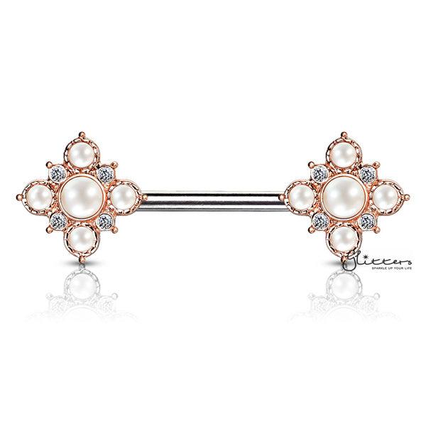Pearl and Crystal Paved Gold Plated Vintage Square Flower Nipple Barbells-Body Piercing Jewellery, Crystal, Cubic Zirconia, Nipple Barbell-NB0018-RGD-Glitters