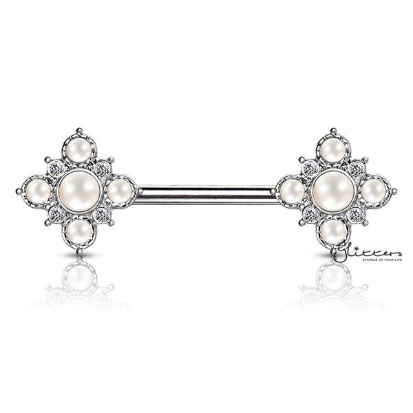 Pearl and Crystal Paved Gold Plated Vintage Square Flower Nipple Barbells-Body Piercing Jewellery, Crystal, Cubic Zirconia, Nipple Barbell-NB0018-S-Glitters