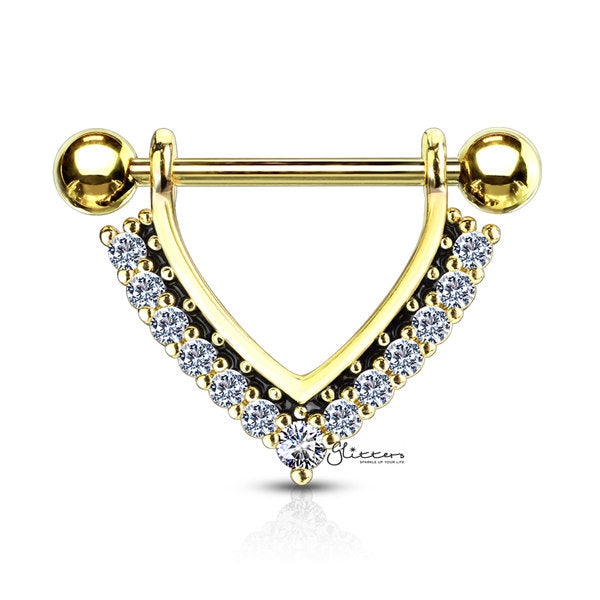 CZ Paved Black Enamel Dangle Surgical Steel Nipple Rings - Gold-Body Piercing Jewellery, Cubic Zirconia, Nipple Barbell-NB0022-G-Glitters