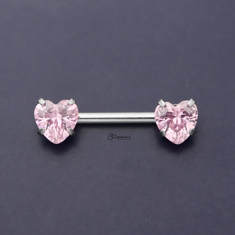 Heart CZ Ends Push in Nipple Barbell - Pink-Body Piercing Jewellery, Cubic Zirconia, Nipple Barbell-NB0026-P_800-Glitters