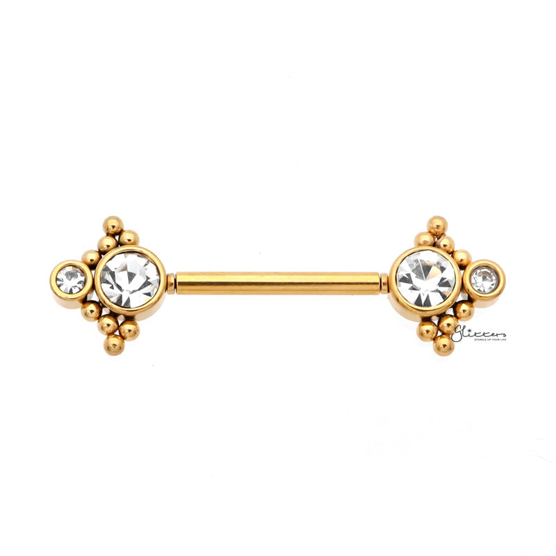 Double CZ and Ball Clusters Push in Nipple Barbell - Gold-Body Piercing Jewellery, Cubic Zirconia, Nipple Barbell-NB0031-G1_800-Glitters