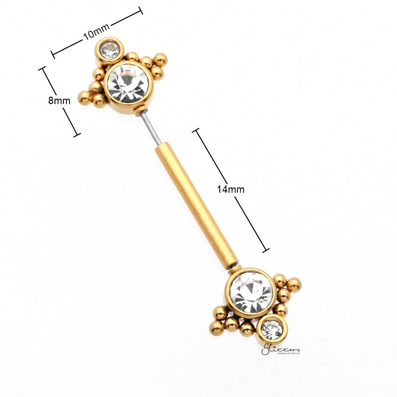 Double CZ and Ball Clusters Push in Nipple Barbell - Gold-Body Piercing Jewellery, Cubic Zirconia, Nipple Barbell-NB0031-G2_800_New-Glitters