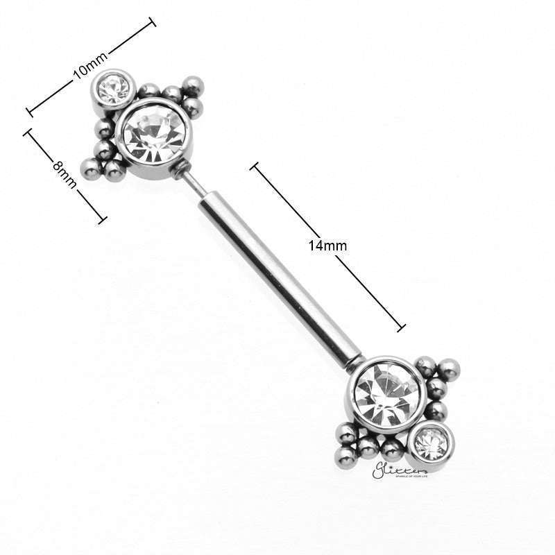 Double CZ and Ball Clusters Push in Nipple Barbell - Silver-Body Piercing Jewellery, Cubic Zirconia, Nipple Barbell-NB0031-S2_800_New-Glitters