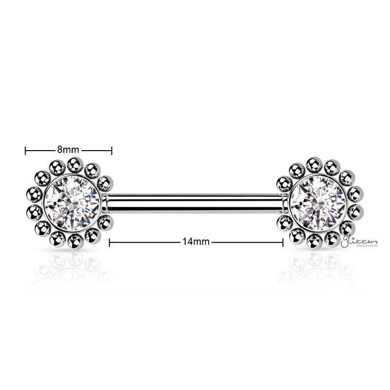 CZ and Beaded Ball Edge Push in Nipple Barbell - Clear-Body Piercing Jewellery, Cubic Zirconia, Nipple Barbell-NB0032-C1_New-Glitters
