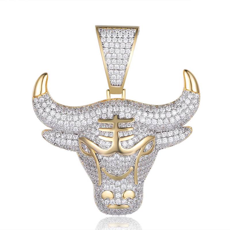 Bull Head Pendant - Gold-Hip Hop, Hip Hop Pendant, Iced Out, Men's Necklace, Necklaces, Pendants-NK1050-G-800-Glitters