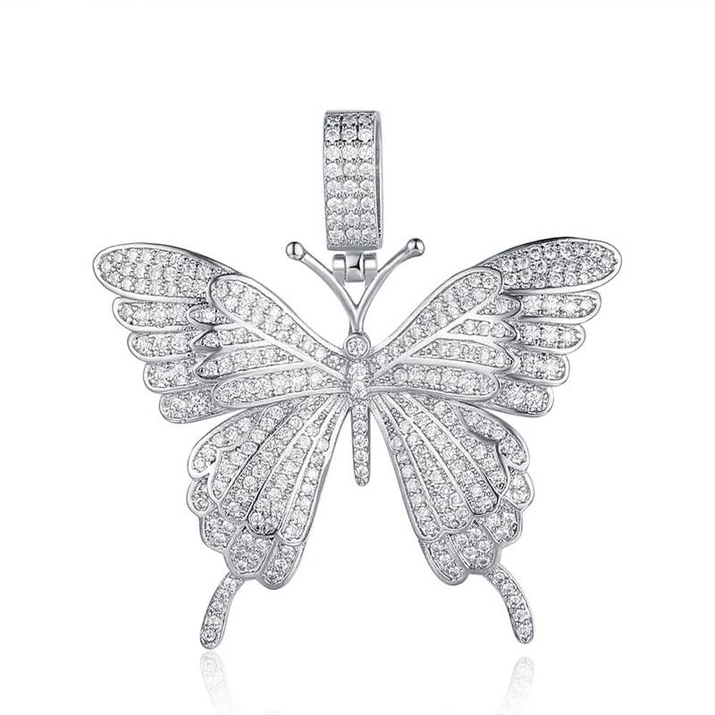 Iced Out Butterfly Pendant - Silver-Hip Hop, Hip Hop Pendant, Iced Out, Jewellery, Necklaces, Pendants, Women's Jewellery, Women's Necklace-NK1051-S-800-Glitters