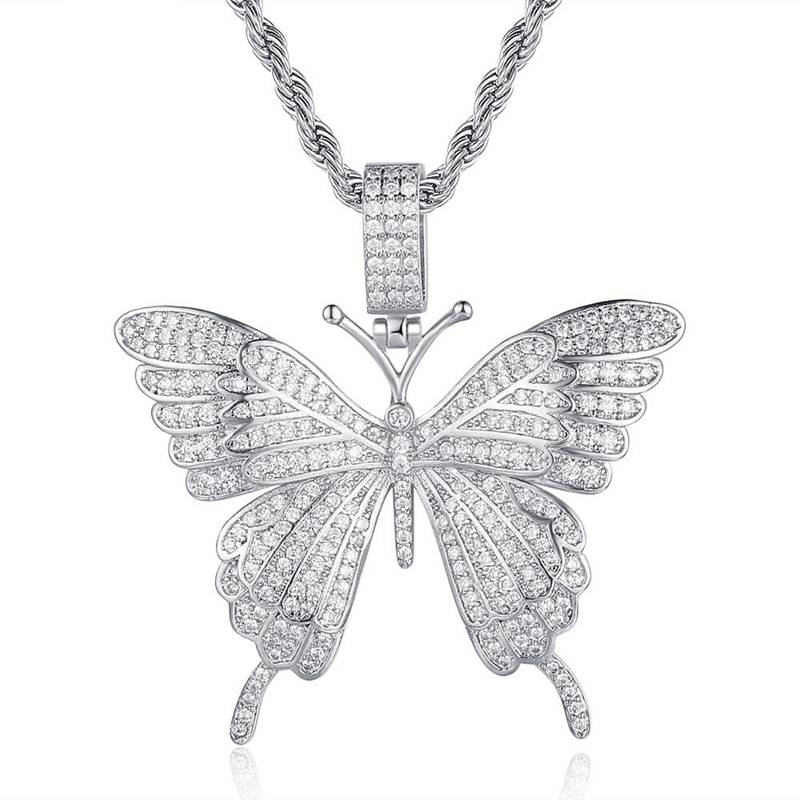 Iced Out Butterfly Pendant - Silver-Hip Hop, Hip Hop Pendant, Iced Out, Jewellery, Necklaces, Pendants, Women's Jewellery, Women's Necklace-NK1051-S1-800-Glitters