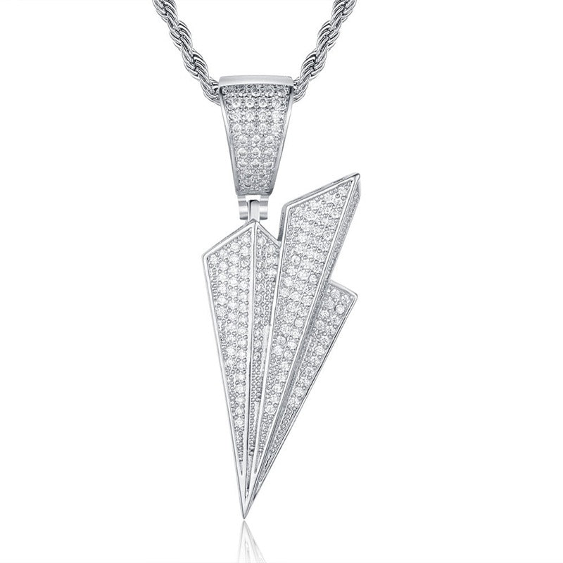 Iced Out Paper Plane Pendant - Silver-Hip Hop, Hip Hop Pendant, Iced Out, Jewellery, Men's Necklace, Necklaces, Pendants, Women's Jewellery, Women's Necklace-NK1055-S1-800-Glitters