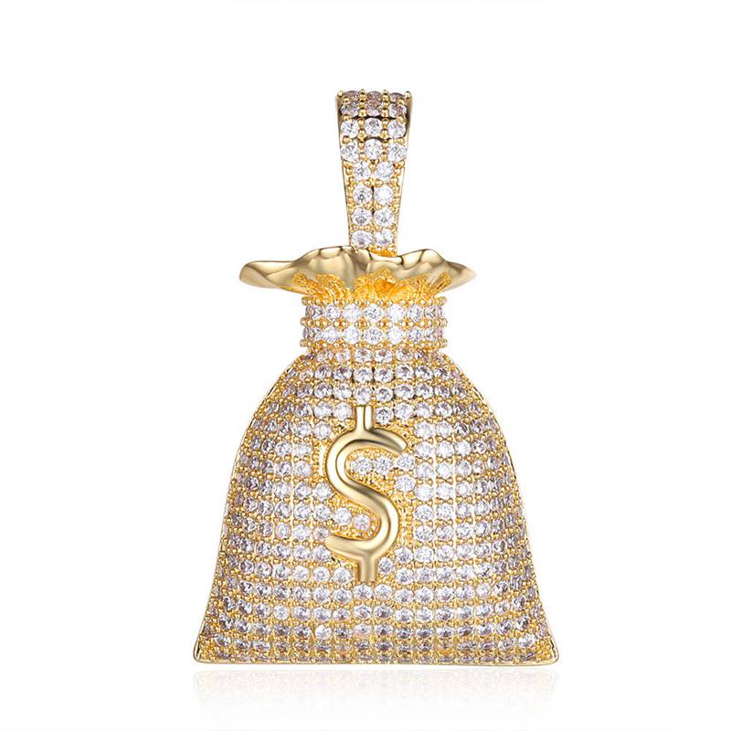Iced Out Money Bag Pendant - Gold-Hip Hop, Hip Hop Pendant, Iced Out, Jewellery, Men's Necklace, Necklaces, Pendants, Women's Jewellery, Women's Necklace-NK1059-G-800-Glitters