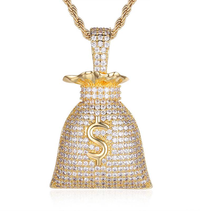 Iced Out Money Bag Pendant - Gold-Hip Hop, Hip Hop Pendant, Iced Out, Jewellery, Men's Necklace, Necklaces, Pendants, Women's Jewellery, Women's Necklace-NK1059-GC-800-Glitters