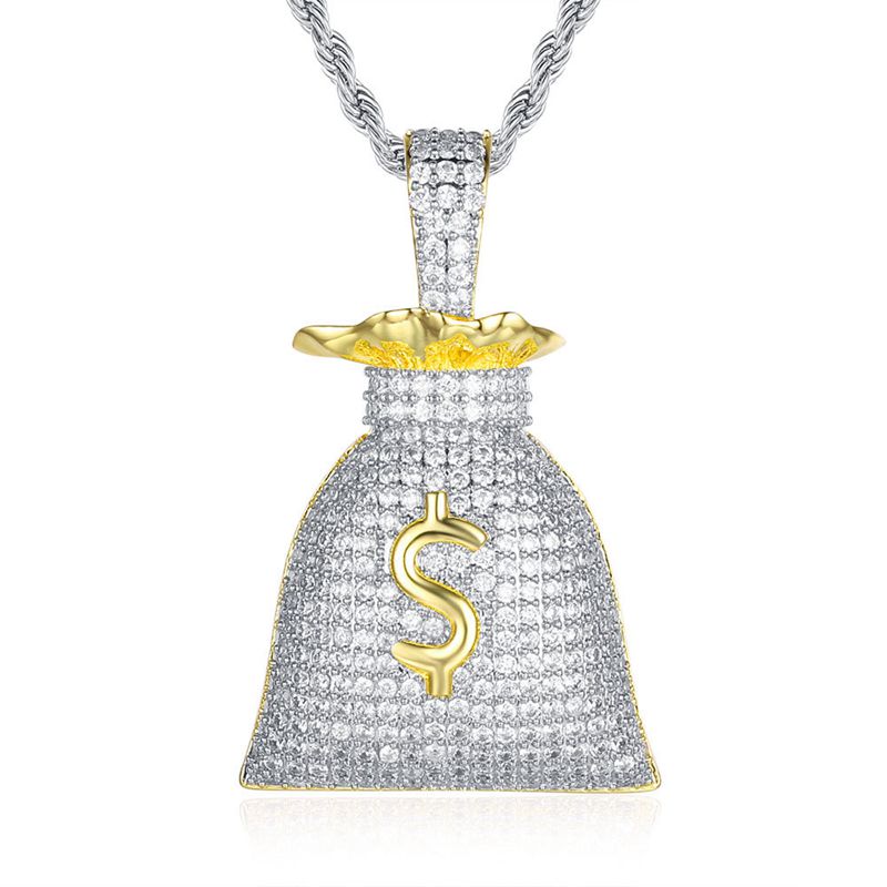 Iced Out Money Bag Pendant - Silver-Hip Hop, Hip Hop Pendant, Iced Out, Jewellery, Men's Necklace, Necklaces, Pendants, Women's Jewellery, Women's Necklace-NK1059-tc-800-Glitters