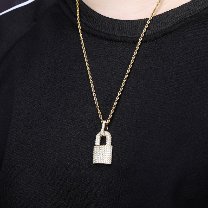 Iced Out Lock Pendant - Silver-Hip Hop, Hip Hop Pendant, Iced Out, Men's Necklace, Necklaces, Pendants-NK1064-M-Glitters