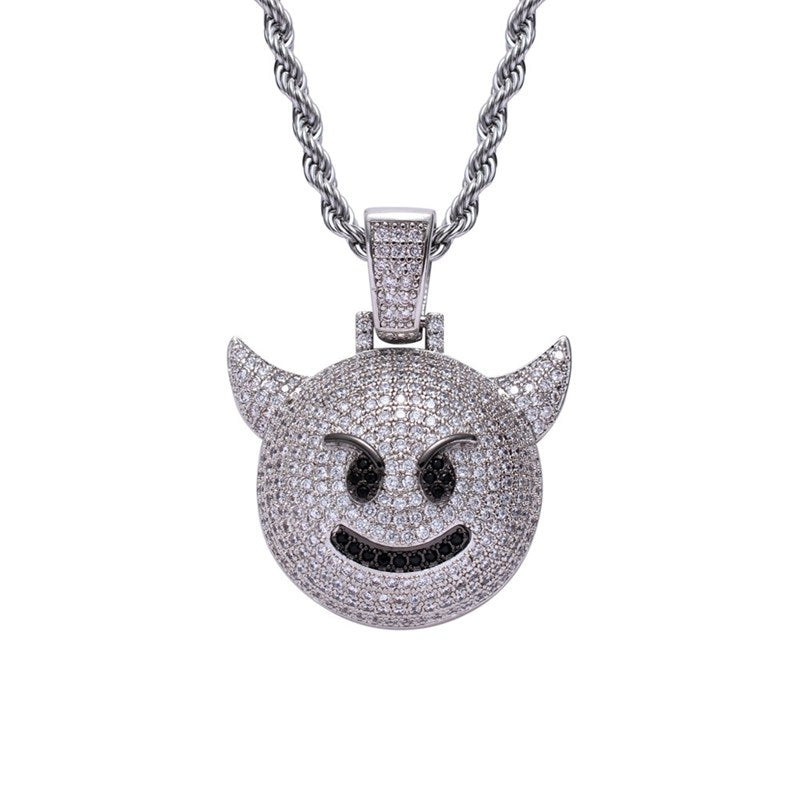Iced Out Demon Evil Emoji Pendant - Silver-Hip Hop, Hip Hop Pendant, Iced Out, Men's Necklace, Necklaces, Pendants-NK1069-S-800-Glitters