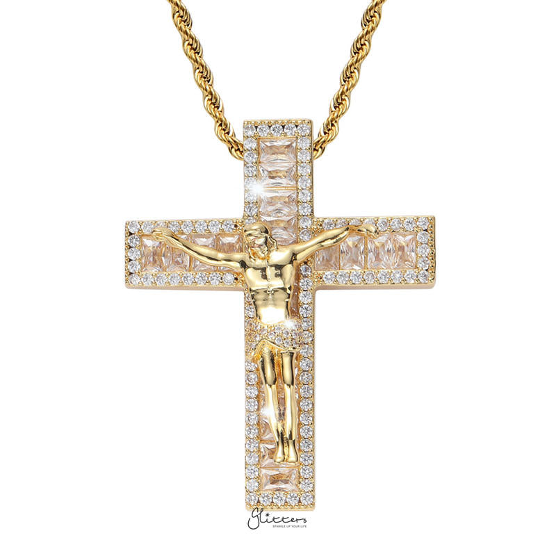 Iced Out Jesus Crucifix Cross Pendant - Gold-Hip Hop, Hip Hop Pendant, Iced Out, Men's Necklace, Necklaces, Pendants-NK1075G1-Glitters