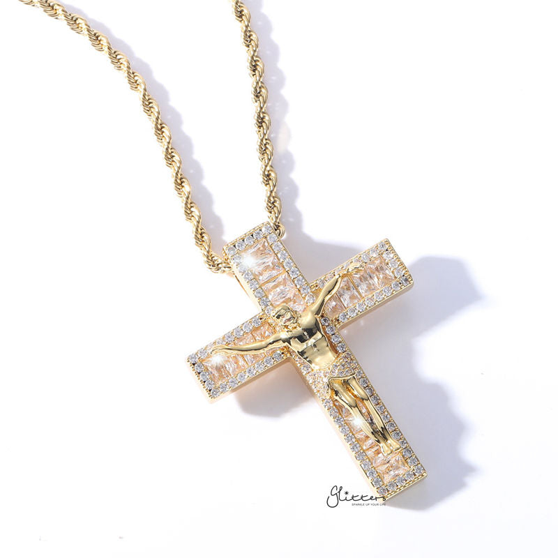 Iced Out Jesus Crucifix Cross Pendant - Gold-Hip Hop, Hip Hop Pendant, Iced Out, Men's Necklace, Necklaces, Pendants-NK1075G2-Glitters