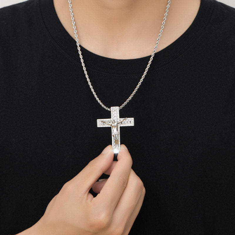 Iced Out Jesus Crucifix Cross Pendant - Silver-Hip Hop, Hip Hop Pendant, Iced Out, Men's Necklace, Necklaces, Pendants-NK1075M-Glitters