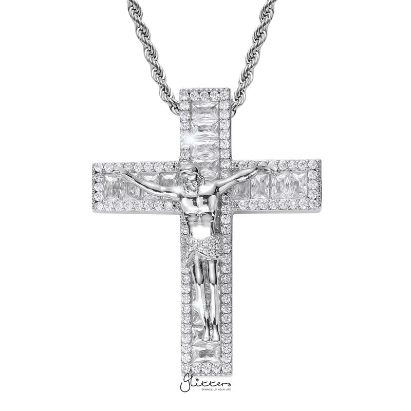 Iced Out Jesus Crucifix Cross Pendant - Silver-Hip Hop, Hip Hop Pendant, Iced Out, Men's Necklace, Necklaces, Pendants-NK1075S1-Glitters